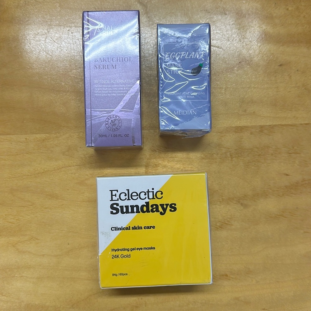 3 pack!  Anai rui Bakuchios serum, Meidian Eggplant Mask Stick, Eclectic Sundays